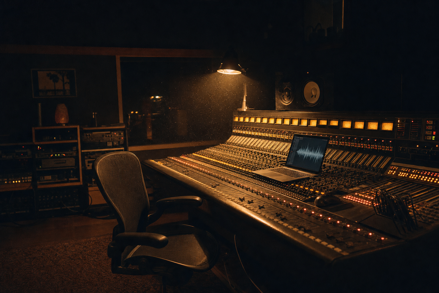 Empty recording studio at night with mixing console glowing amber